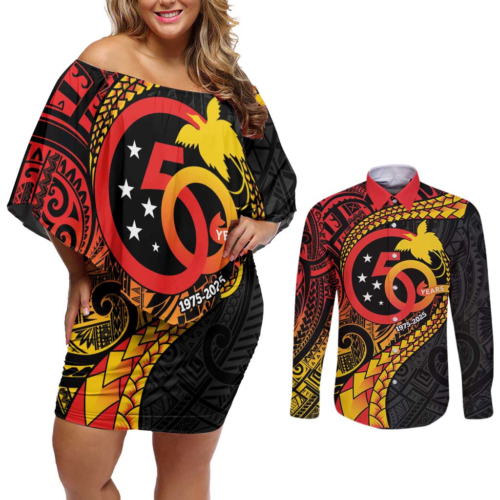 Papua New Guinea Tribal Tattoo Couples Matching Off Shoulder Short Dress and Long Sleeve Button Shirt 50th Independence Anniversary LT9 Black - Polynesian Pride