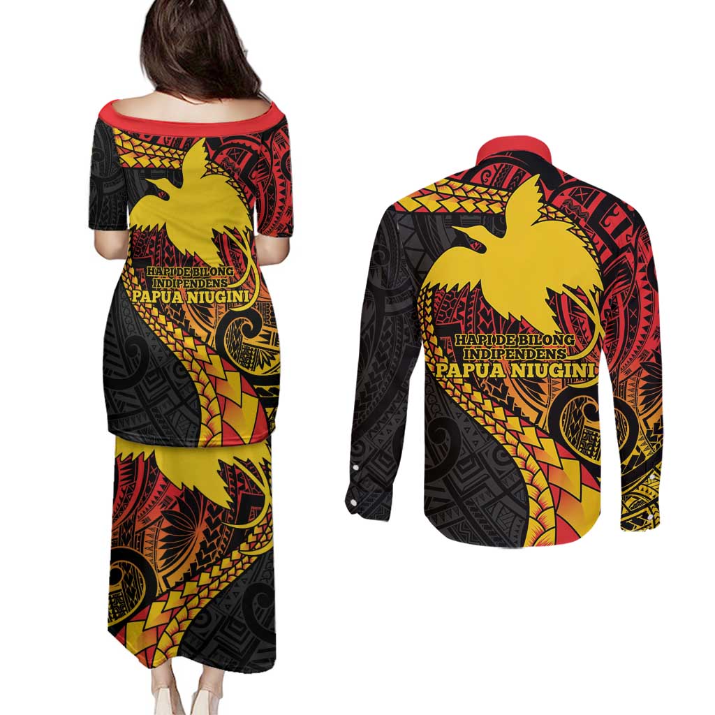 Papua New Guinea Tribal Tattoo Couples Matching Puletasi and Long Sleeve Button Shirt 50th Independence Anniversary LT9 - Polynesian Pride