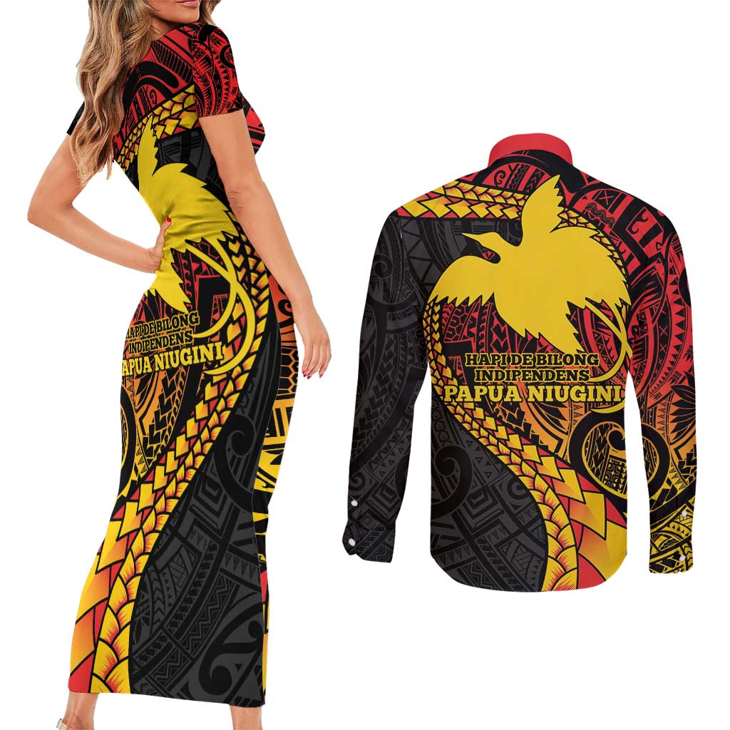Papua New Guinea Tribal Tattoo Couples Matching Short Sleeve Bodycon Dress and Long Sleeve Button Shirt 50th Independence Anniversary LT9 - Polynesian Pride