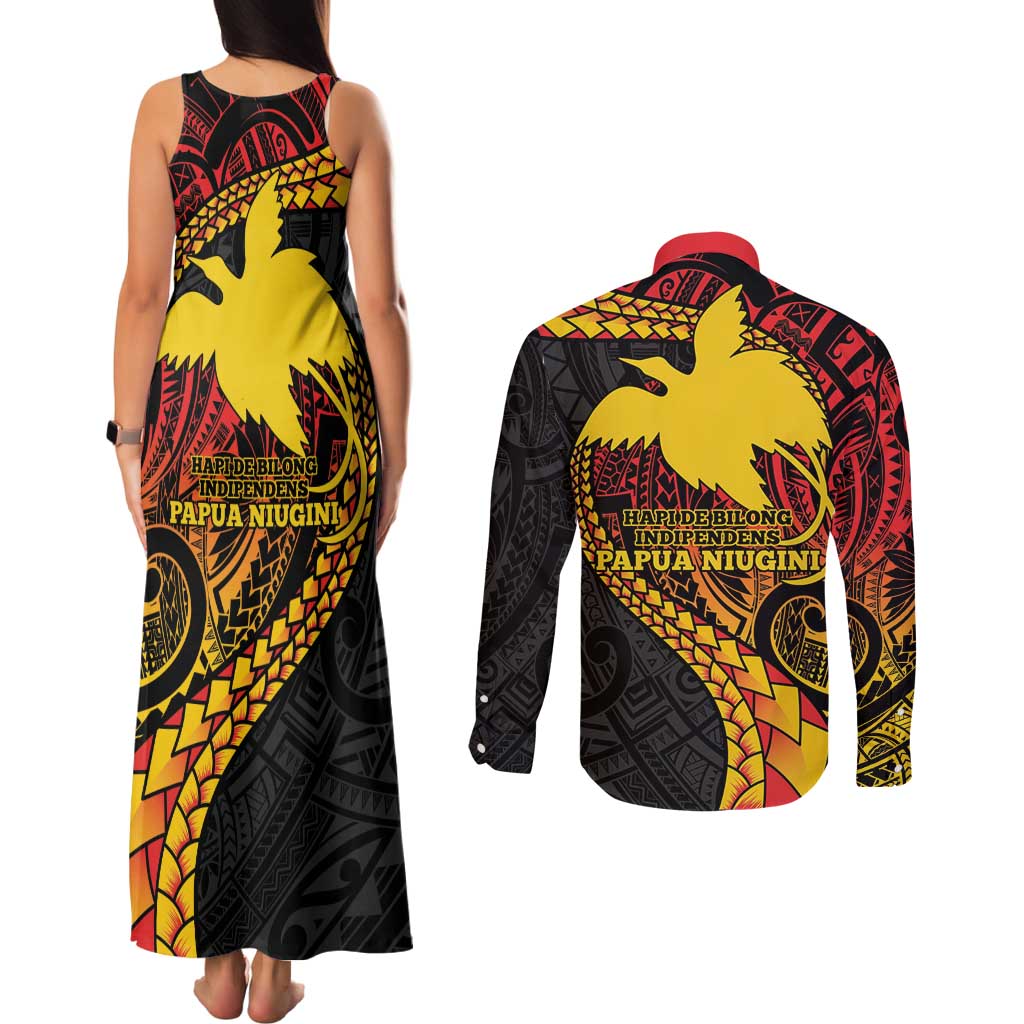 Papua New Guinea Tribal Tattoo Couples Matching Tank Maxi Dress and Long Sleeve Button Shirt 50th Independence Anniversary LT9 - Polynesian Pride