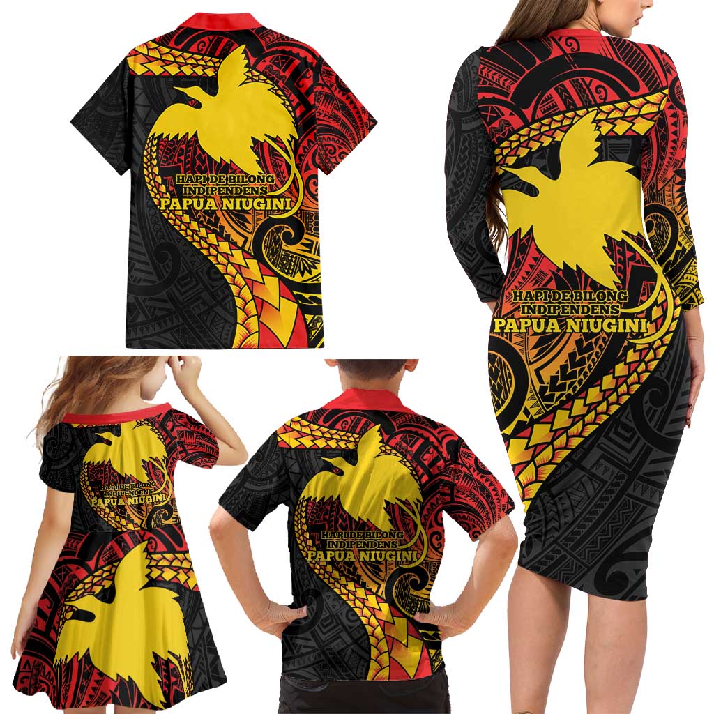 Papua New Guinea Tribal Tattoo Family Matching Long Sleeve Bodycon Dress and Hawaiian Shirt 50th Independence Anniversary LT9 - Polynesian Pride