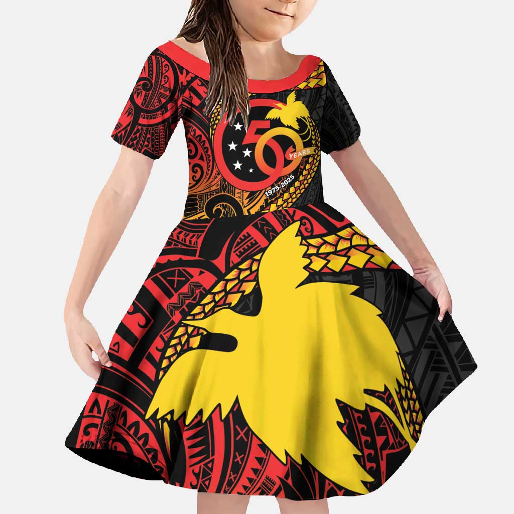 Papua New Guinea Tribal Tattoo Family Matching Mermaid Dress and Hawaiian Shirt 50th Independence Anniversary LT9 Daughter's Dress Black - Polynesian Pride