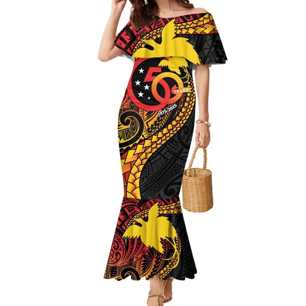 Papua New Guinea Tribal Tattoo Family Matching Mermaid Dress and Hawaiian Shirt 50th Independence Anniversary LT9 Mom's Dress Black - Polynesian Pride