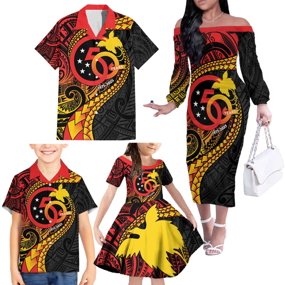 Papua New Guinea Tribal Tattoo Family Matching Off The Shoulder Long Sleeve Dress and Hawaiian Shirt 50th Independence Anniversary LT9 - Polynesian Pride