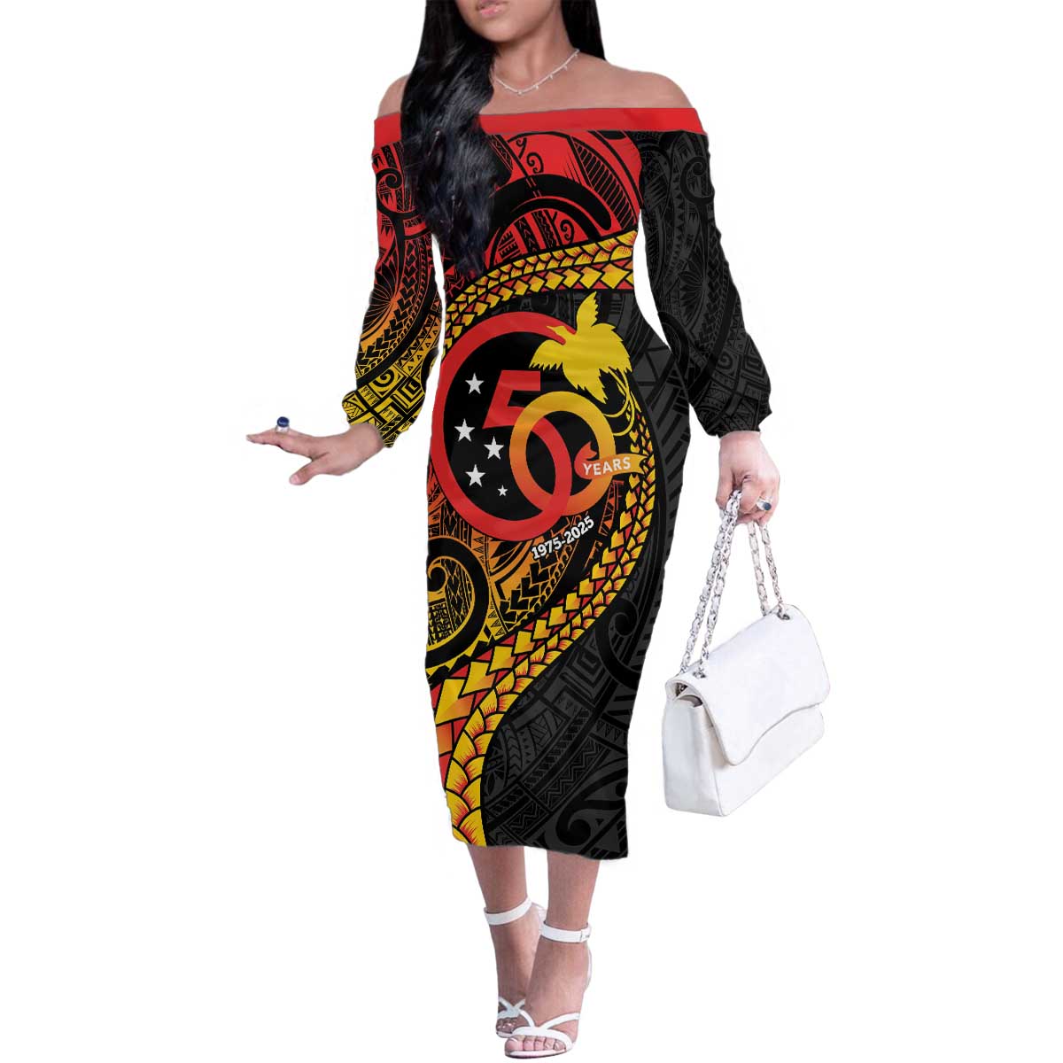 Papua New Guinea Tribal Tattoo Family Matching Off The Shoulder Long Sleeve Dress and Hawaiian Shirt 50th Independence Anniversary LT9 Mom's Dress Black - Polynesian Pride