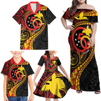 Papua New Guinea Tribal Tattoo Family Matching Off Shoulder Maxi Dress and Hawaiian Shirt 50th Independence Anniversary LT9 - Polynesian Pride