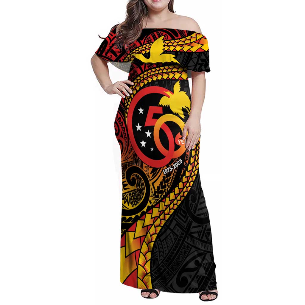 Papua New Guinea Tribal Tattoo Family Matching Off Shoulder Maxi Dress and Hawaiian Shirt 50th Independence Anniversary LT9 Mom's Dress Black - Polynesian Pride
