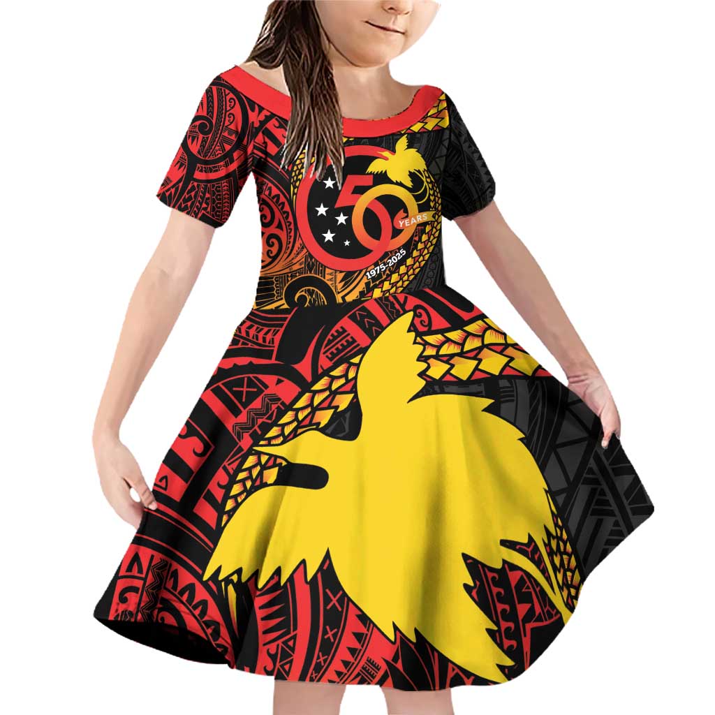 Papua New Guinea Tribal Tattoo Family Matching Off Shoulder Short Dress and Hawaiian Shirt 50th Independence Anniversary LT9 Daughter's Dress Black - Polynesian Pride