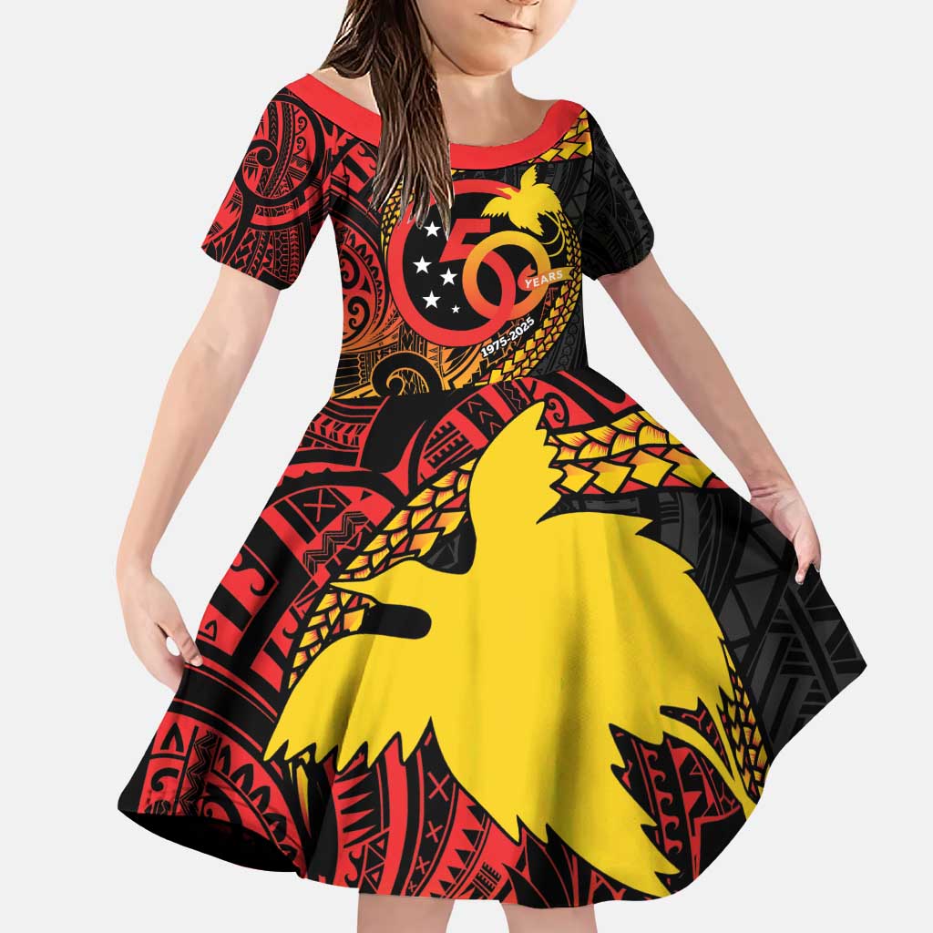 Papua New Guinea Tribal Tattoo Family Matching Puletasi and Hawaiian Shirt 50th Independence Anniversary LT9 Daughter's Dress Black - Polynesian Pride