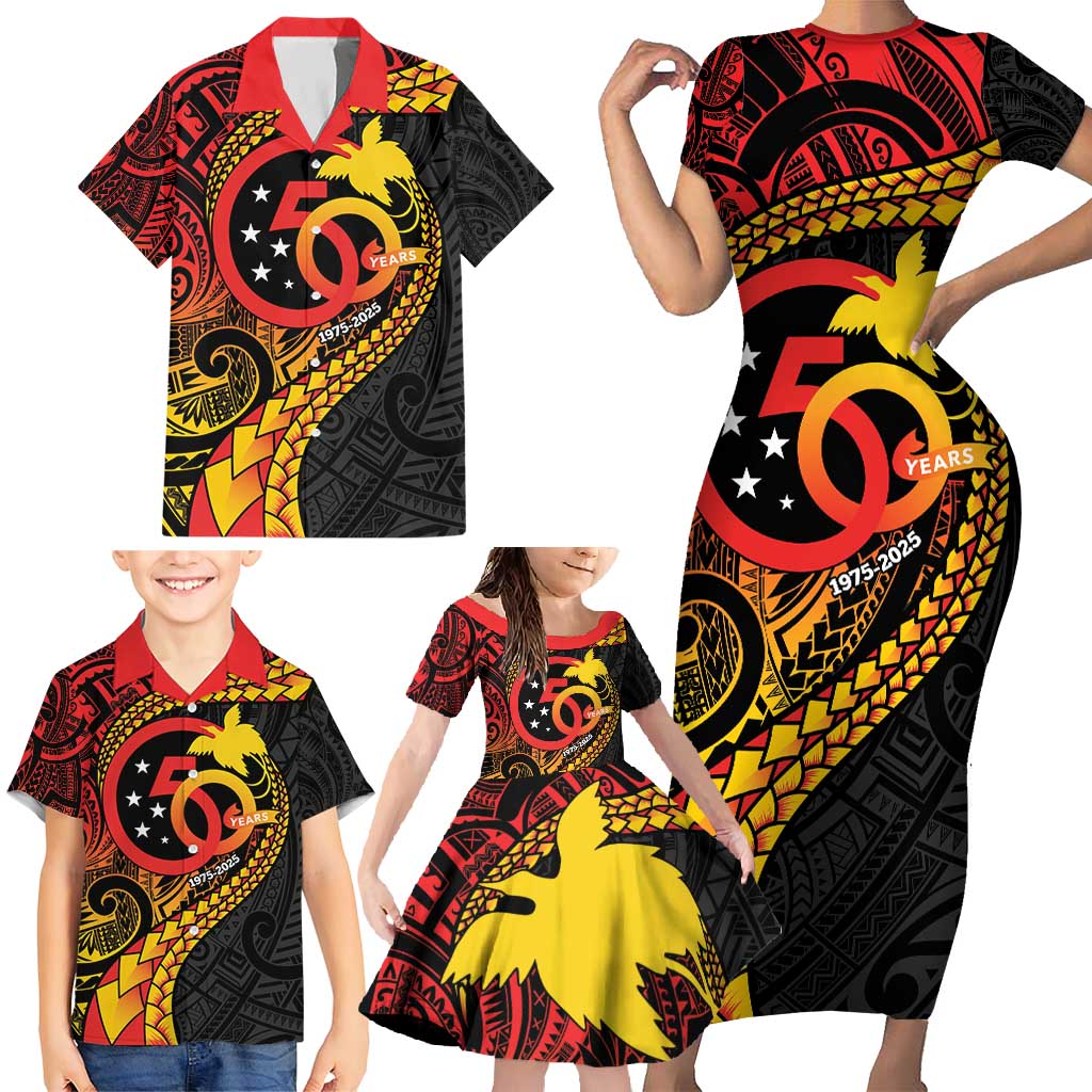 Papua New Guinea Tribal Tattoo Family Matching Short Sleeve Bodycon Dress and Hawaiian Shirt 50th Independence Anniversary LT9 - Polynesian Pride