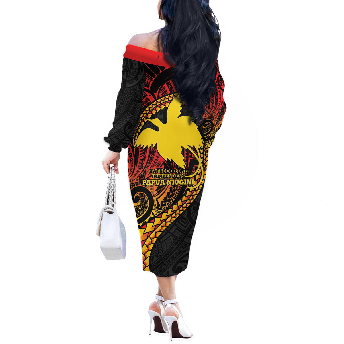 Papua New Guinea Tribal Tattoo Off The Shoulder Long Sleeve Dress 50th Independence Anniversary LT9 - Polynesian Pride
