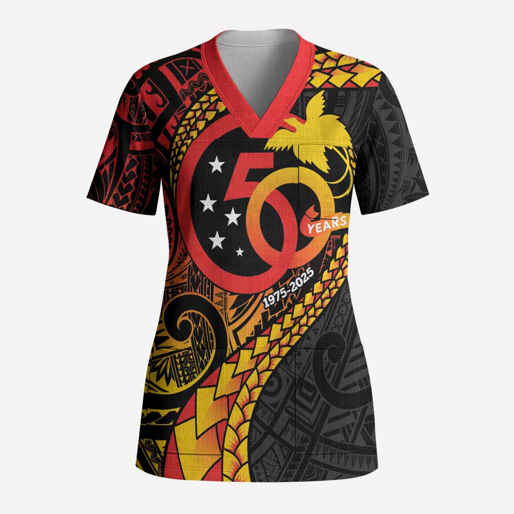 Papua New Guinea Tribal Tattoo Scrub Top 50th Independence Anniversary - Polynesian Pride