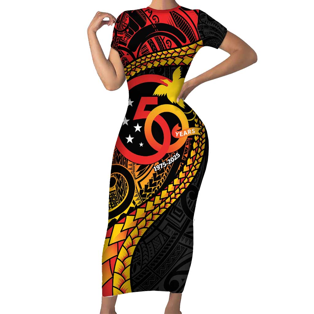 Papua New Guinea Tribal Tattoo Short Sleeve Bodycon Dress 50th Independence Anniversary LT9 Long Dress Black - Polynesian Pride