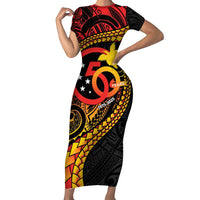 Papua New Guinea Tribal Tattoo Short Sleeve Bodycon Dress 50th Independence Anniversary LT9 Long Dress Black - Polynesian Pride