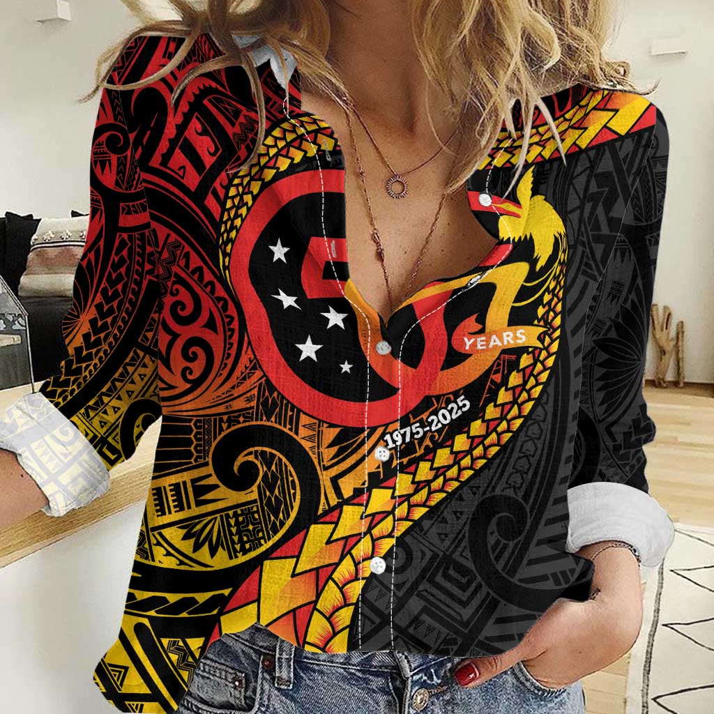 Papua New Guinea Tribal Tattoo Women Casual Shirt 50th Independence Anniversary LT9 Female Black - Polynesian Pride