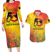 Papua New Guinea Unity in Diversity Couples Matching Long Sleeve Bodycon Dress and Hawaiian Shirt 50th Indipendens Papua Niugini LT9 Gold - Polynesian Pride
