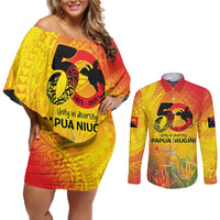 Papua New Guinea Unity in Diversity Couples Matching Off Shoulder Short Dress and Long Sleeve Button Shirt 50th Indipendens Papua Niugini LT9 Gold - Polynesian Pride