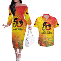 Papua New Guinea Unity in Diversity Couples Matching Off The Shoulder Long Sleeve Dress and Hawaiian Shirt 50th Indipendens Papua Niugini LT9 Gold - Polynesian Pride
