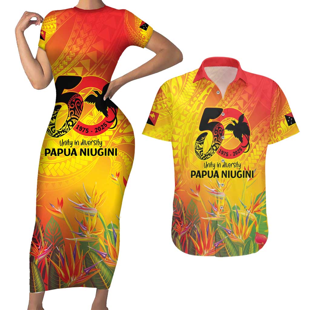 Papua New Guinea Unity in Diversity Couples Matching Short Sleeve Bodycon Dress and Hawaiian Shirt 50th Indipendens Papua Niugini LT9 Gold - Polynesian Pride