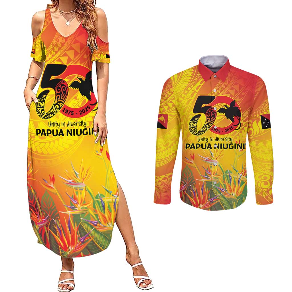 Papua New Guinea Unity in Diversity Couples Matching Summer Maxi Dress and Long Sleeve Button Shirt 50th Indipendens Papua Niugini LT9 Gold - Polynesian Pride