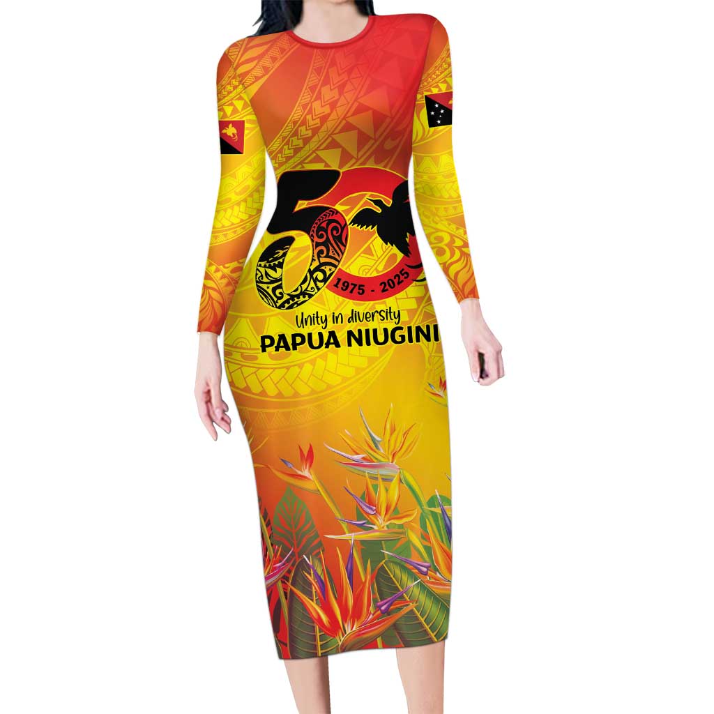 Papua New Guinea Unity in Diversity Family Matching Long Sleeve Bodycon Dress and Hawaiian Shirt 50th Indipendens Papua Niugini LT9 Mom's Dress Gold - Polynesian Pride