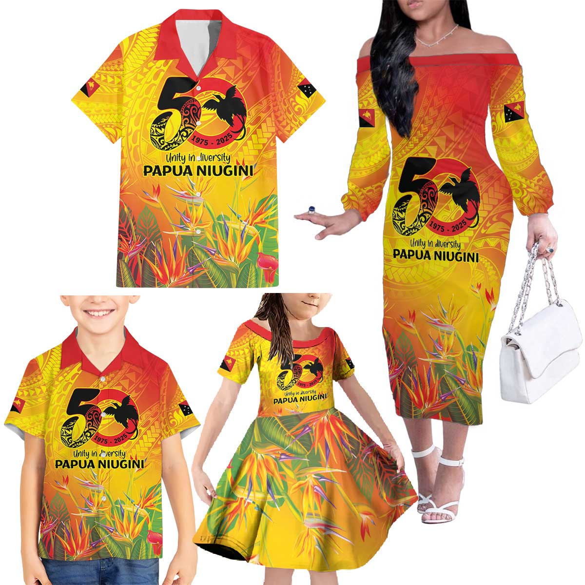 Papua New Guinea Unity in Diversity Family Matching Off The Shoulder Long Sleeve Dress and Hawaiian Shirt 50th Indipendens Papua Niugini LT9 - Polynesian Pride
