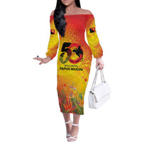 Papua New Guinea Unity in Diversity Family Matching Off The Shoulder Long Sleeve Dress and Hawaiian Shirt 50th Indipendens Papua Niugini LT9 Mom's Dress Gold - Polynesian Pride