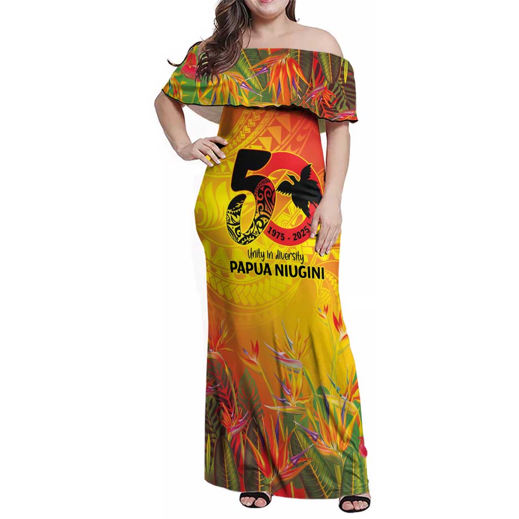 Papua New Guinea Unity in Diversity Family Matching Off Shoulder Maxi Dress and Hawaiian Shirt 50th Indipendens Papua Niugini LT9 Mom's Dress Gold - Polynesian Pride