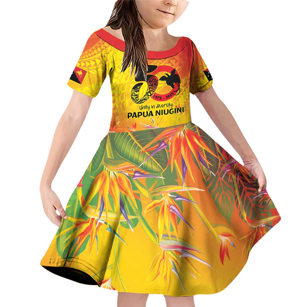 Papua New Guinea Unity in Diversity Family Matching Off Shoulder Short Dress and Hawaiian Shirt 50th Indipendens Papua Niugini LT9 Daughter's Dress Gold - Polynesian Pride
