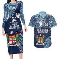 Personalised Fiji 54th Anniversary Couples Matching Long Sleeve Bodycon Dress and Hawaiian Shirt Siga Ni Bula Galala Marautaki O Viti LT9 Blue - Polynesian Pride