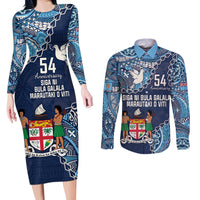 Personalised Fiji 54th Anniversary Couples Matching Long Sleeve Bodycon Dress and Long Sleeve Button Shirt Siga Ni Bula Galala Marautaki O Viti LT9 Blue - Polynesian Pride