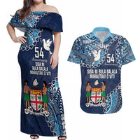 Personalised Fiji 54th Anniversary Couples Matching Off Shoulder Maxi Dress and Hawaiian Shirt Siga Ni Bula Galala Marautaki O Viti LT9 Blue - Polynesian Pride