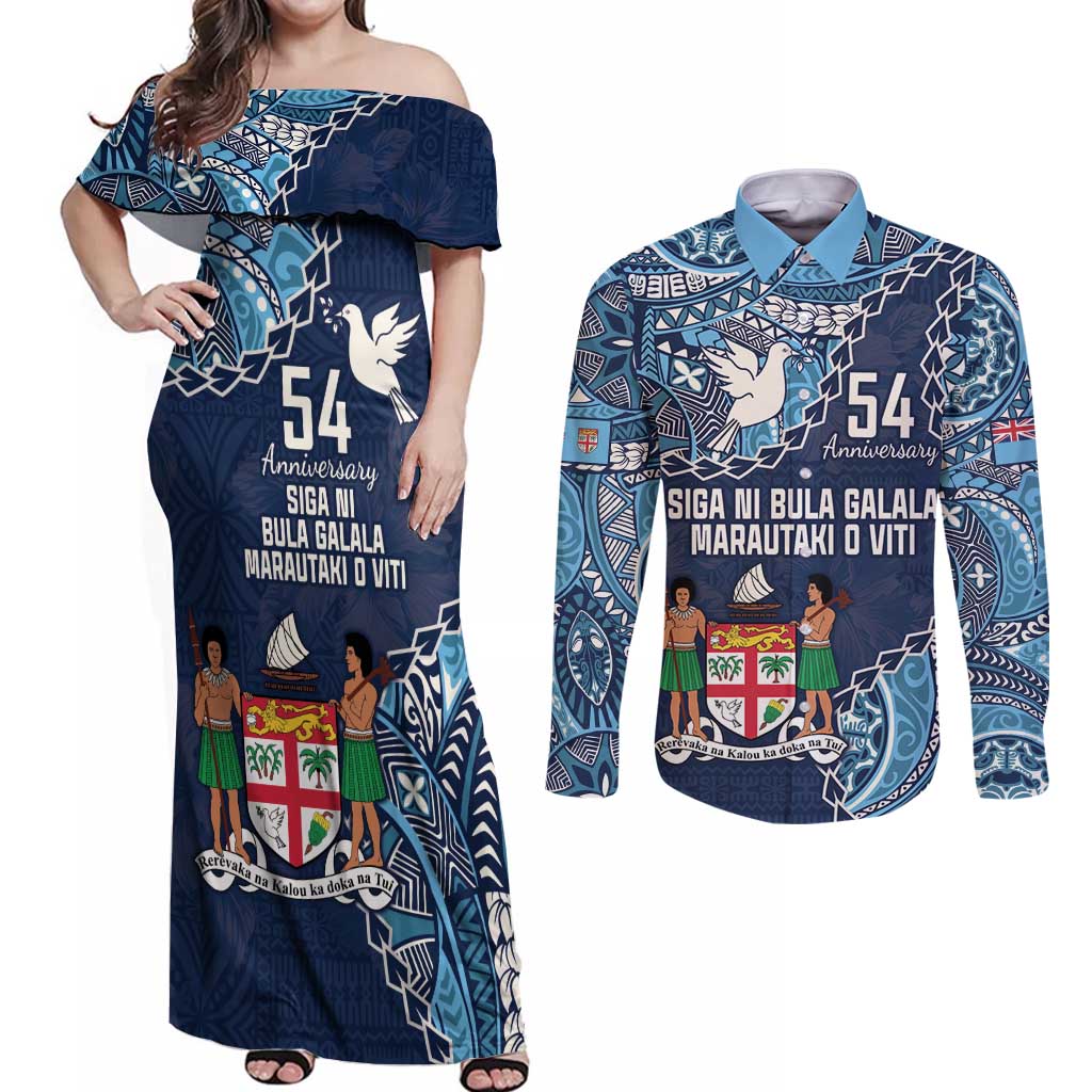 Personalised Fiji 54th Anniversary Couples Matching Off Shoulder Maxi Dress and Long Sleeve Button Shirt Siga Ni Bula Galala Marautaki O Viti LT9 Blue - Polynesian Pride