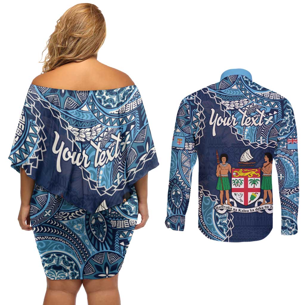 Personalised Fiji 54th Anniversary Couples Matching Off Shoulder Short Dress and Long Sleeve Button Shirt Siga Ni Bula Galala Marautaki O Viti LT9 - Polynesian Pride