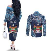 Personalised Fiji 54th Anniversary Couples Matching Off The Shoulder Long Sleeve Dress and Long Sleeve Button Shirt Siga Ni Bula Galala Marautaki O Viti LT9 - Polynesian Pride
