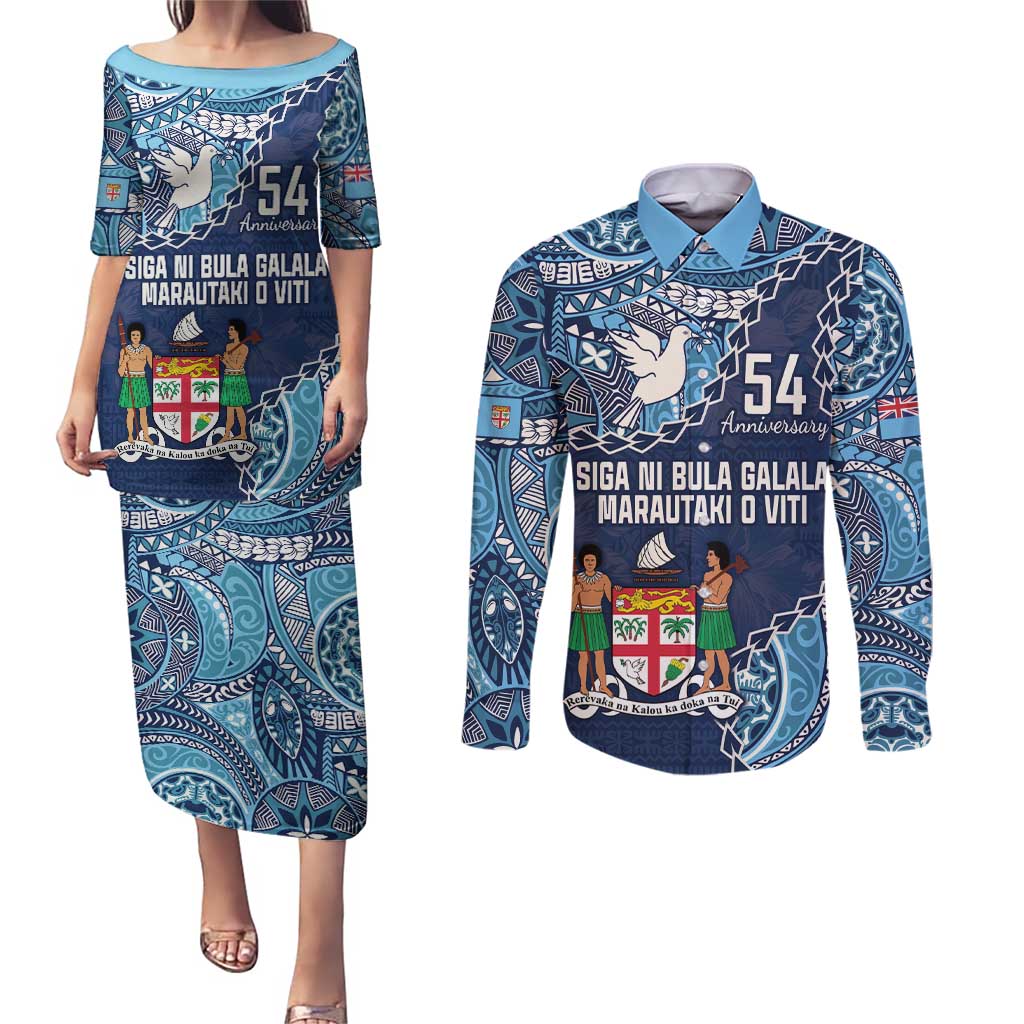 Personalised Fiji 54th Anniversary Couples Matching Puletasi and Long Sleeve Button Shirt Siga Ni Bula Galala Marautaki O Viti LT9 Blue - Polynesian Pride