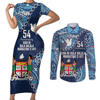 Personalised Fiji 54th Anniversary Couples Matching Short Sleeve Bodycon Dress and Long Sleeve Button Shirt Siga Ni Bula Galala Marautaki O Viti LT9 Blue - Polynesian Pride