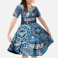 Personalised Fiji 54th Anniversary Family Matching Long Sleeve Bodycon Dress and Hawaiian Shirt Siga Ni Bula Galala Marautaki O Viti LT9 Daughter's Dress Blue - Polynesian Pride