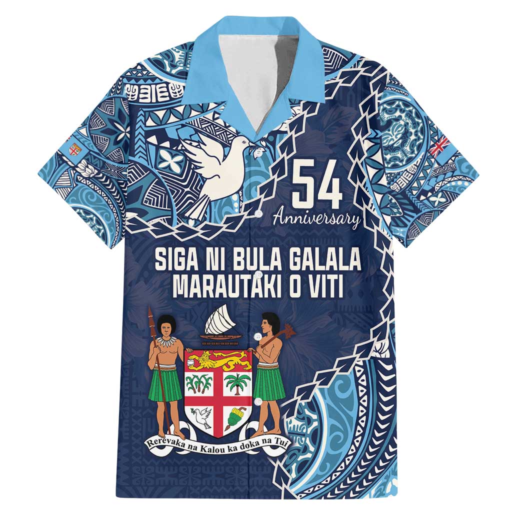 Personalised Fiji 54th Anniversary Family Matching Mermaid Dress and Hawaiian Shirt Siga Ni Bula Galala Marautaki O Viti LT9 Dad's Shirt - Short Sleeve Blue - Polynesian Pride
