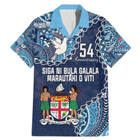 Personalised Fiji 54th Anniversary Family Matching Mermaid Dress and Hawaiian Shirt Siga Ni Bula Galala Marautaki O Viti LT9 Dad's Shirt - Short Sleeve Blue - Polynesian Pride