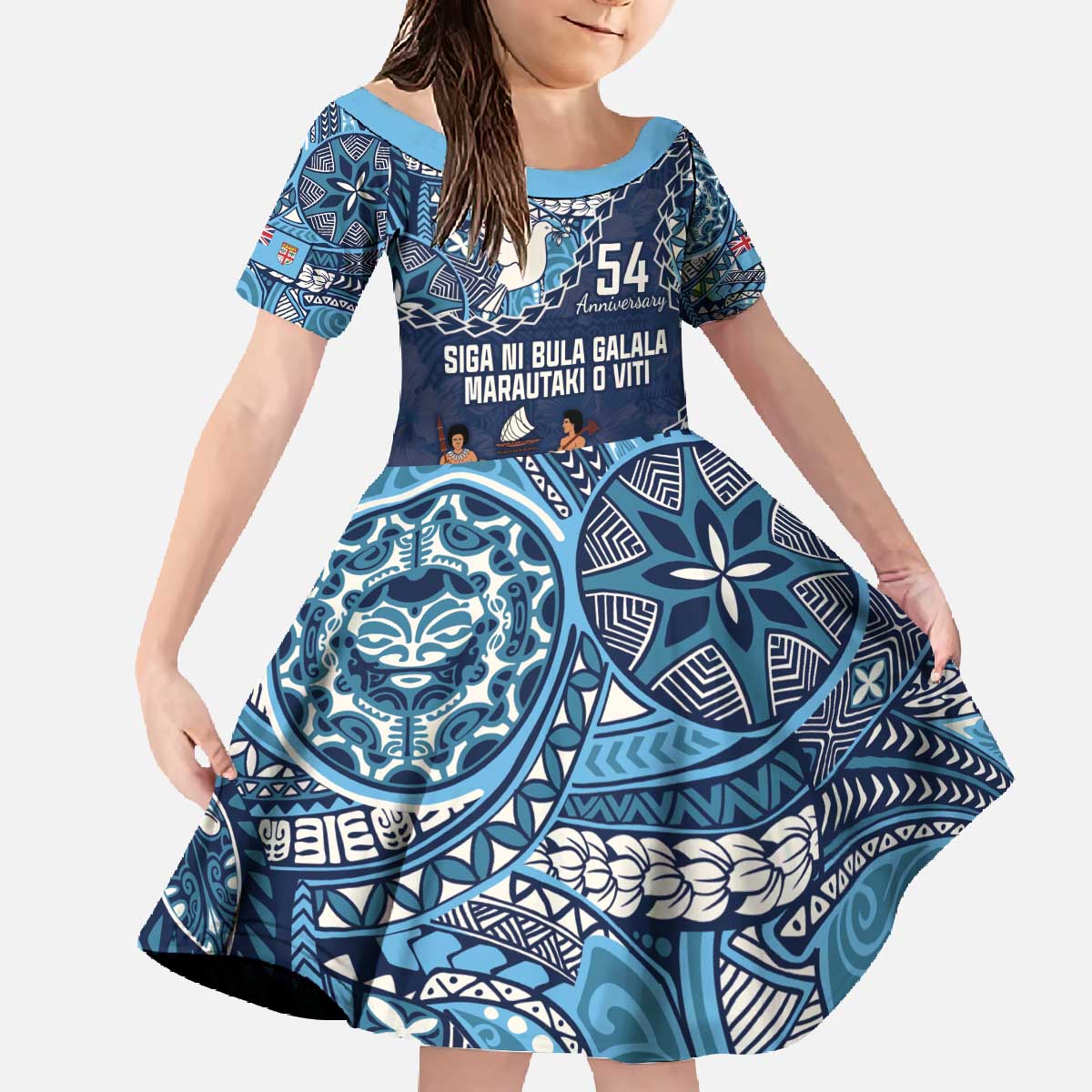 Personalised Fiji 54th Anniversary Family Matching Off The Shoulder Long Sleeve Dress and Hawaiian Shirt Siga Ni Bula Galala Marautaki O Viti LT9 Daughter's Dress Blue - Polynesian Pride