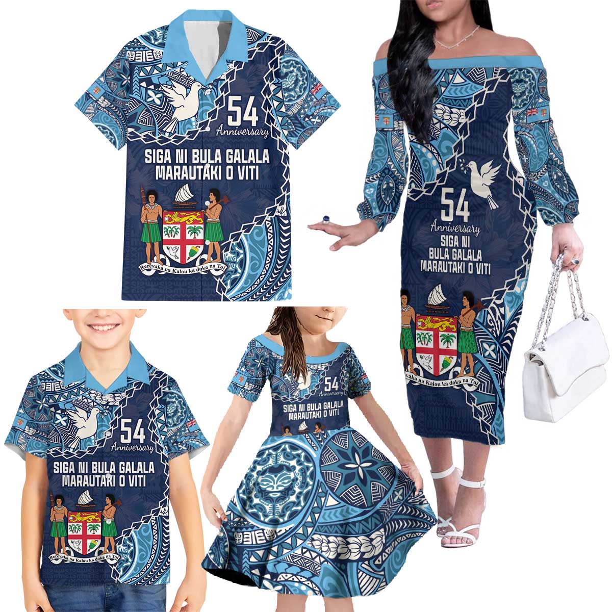 Personalised Fiji 54th Anniversary Family Matching Off The Shoulder Long Sleeve Dress and Hawaiian Shirt Siga Ni Bula Galala Marautaki O Viti LT9 - Polynesian Pride