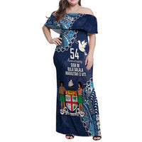 Personalised Fiji 54th Anniversary Family Matching Off Shoulder Maxi Dress and Hawaiian Shirt Siga Ni Bula Galala Marautaki O Viti LT9 Mom's Dress Blue - Polynesian Pride