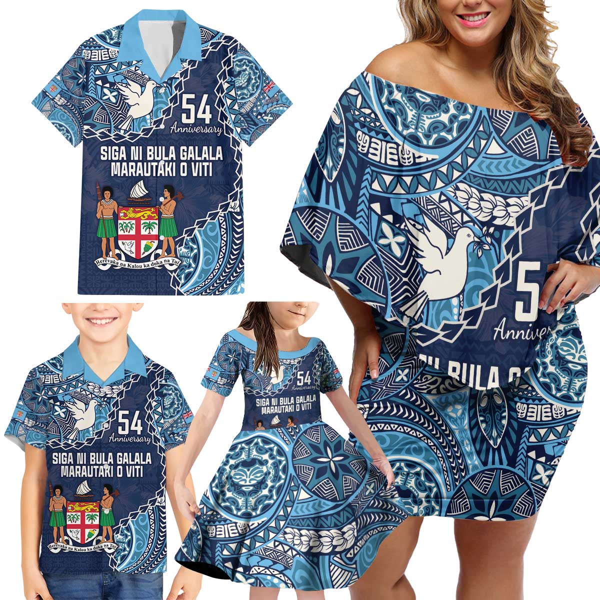 Personalised Fiji 54th Anniversary Family Matching Off Shoulder Short Dress and Hawaiian Shirt Siga Ni Bula Galala Marautaki O Viti LT9 - Polynesian Pride