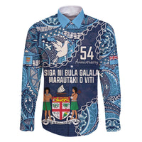 Personalised Fiji 54th Anniversary Family Matching Off Shoulder Short Dress and Hawaiian Shirt Siga Ni Bula Galala Marautaki O Viti LT9 Dad's Shirt - Long Sleeve Blue - Polynesian Pride