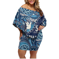 Personalised Fiji 54th Anniversary Family Matching Off Shoulder Short Dress and Hawaiian Shirt Siga Ni Bula Galala Marautaki O Viti LT9 Mom's Dress Blue - Polynesian Pride