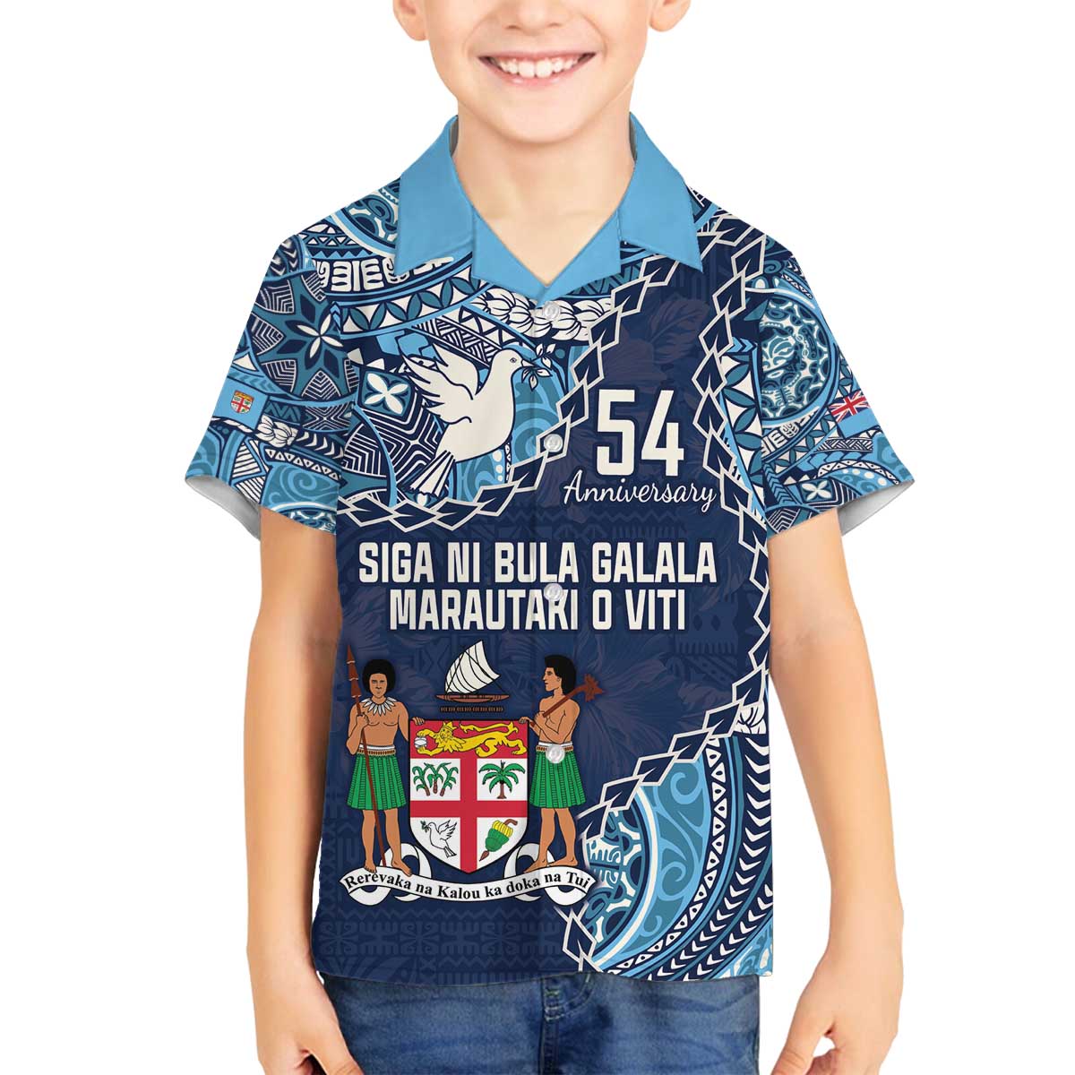 Personalised Fiji 54th Anniversary Family Matching Off Shoulder Short Dress and Hawaiian Shirt Siga Ni Bula Galala Marautaki O Viti LT9 Son's Shirt Blue - Polynesian Pride