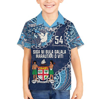 Personalised Fiji 54th Anniversary Family Matching Short Sleeve Bodycon Dress and Hawaiian Shirt Siga Ni Bula Galala Marautaki O Viti LT9 Son's Shirt Blue - Polynesian Pride