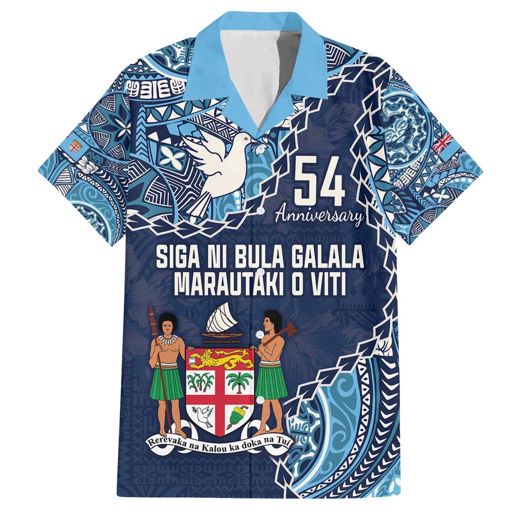 Personalised Fiji 54th Anniversary Family Matching Tank Maxi Dress and Hawaiian Shirt Siga Ni Bula Galala Marautaki O Viti LT9 Dad's Shirt - Short Sleeve Blue - Polynesian Pride
