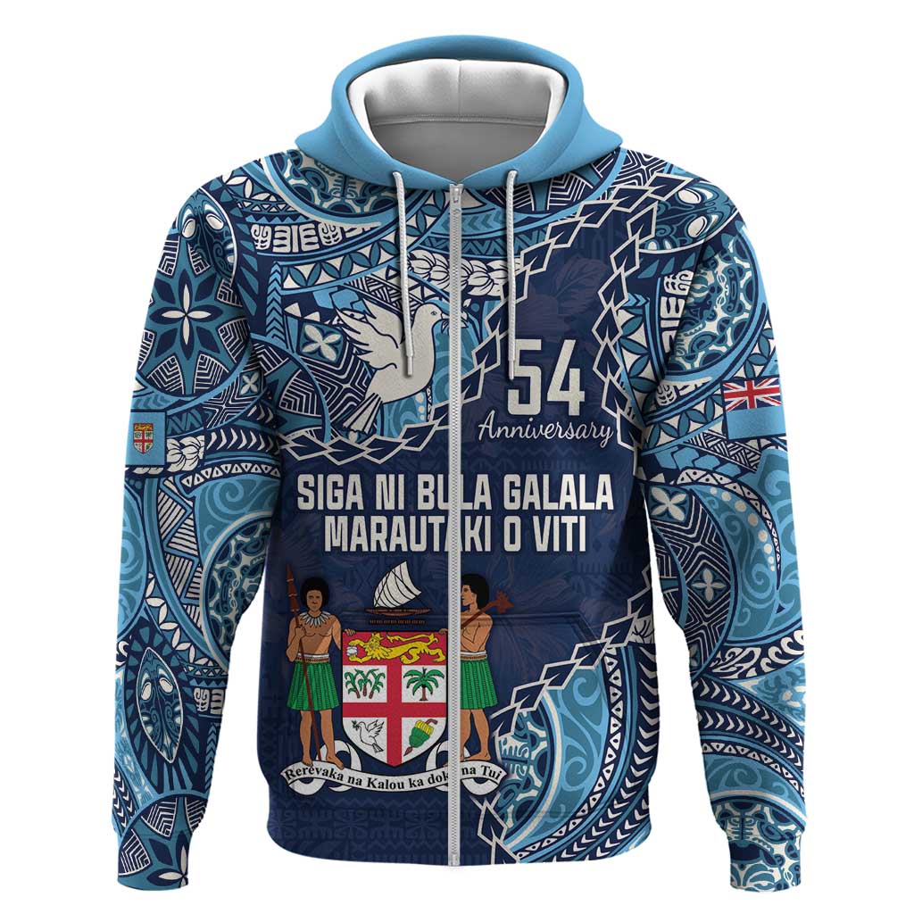 Personalised Fiji 54th Anniversary Hoodie Siga Ni Bula Galala Marautaki O Viti LT9 Zip Hoodie Blue - Polynesian Pride